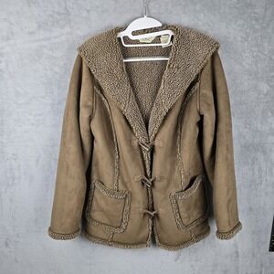 LL‎ Bean Womens Faux Suede Sherpa Lined Hooded Toggle Coat Brown Small Regular